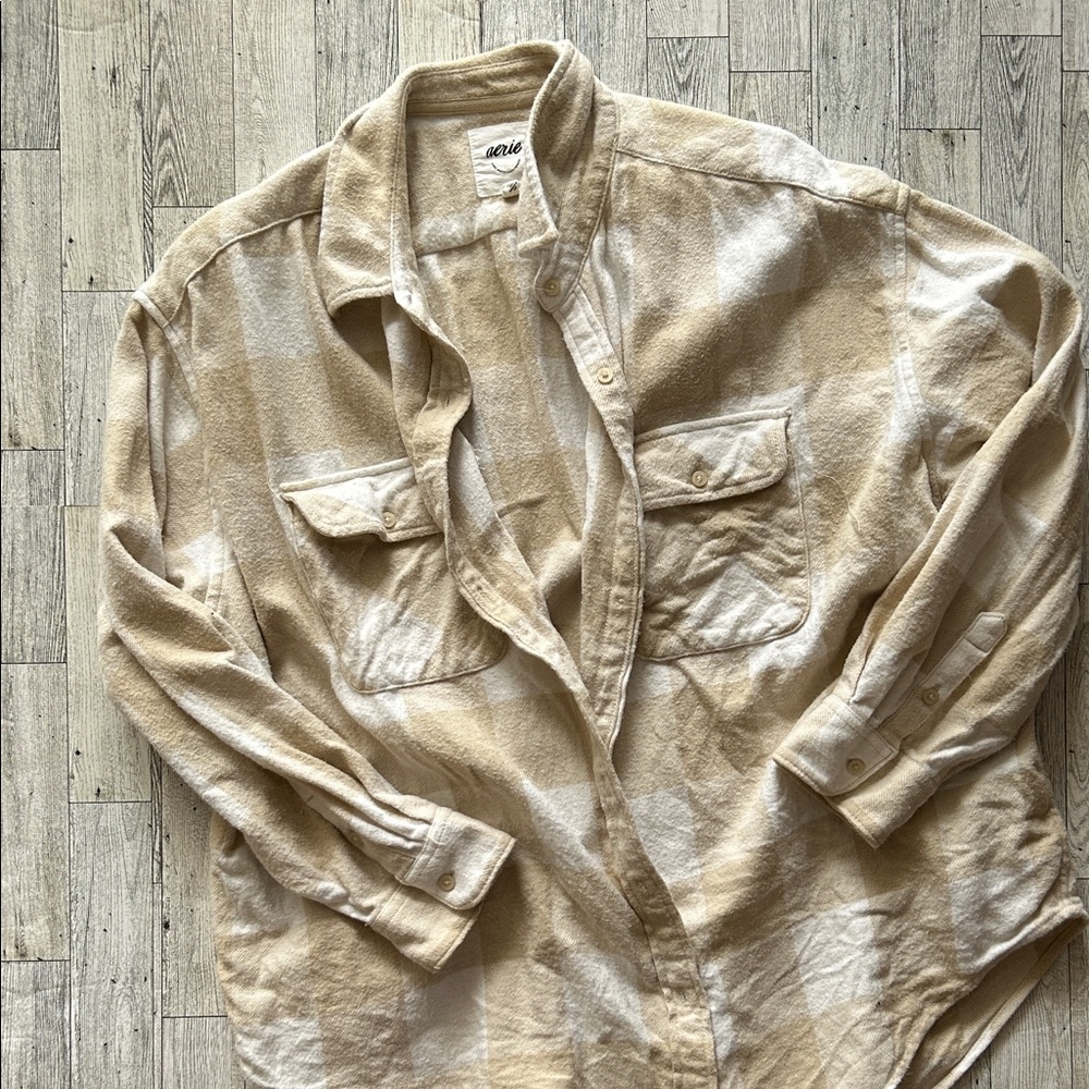 Aerie Beige Plaid Shirt size L - Picture 2 of 6